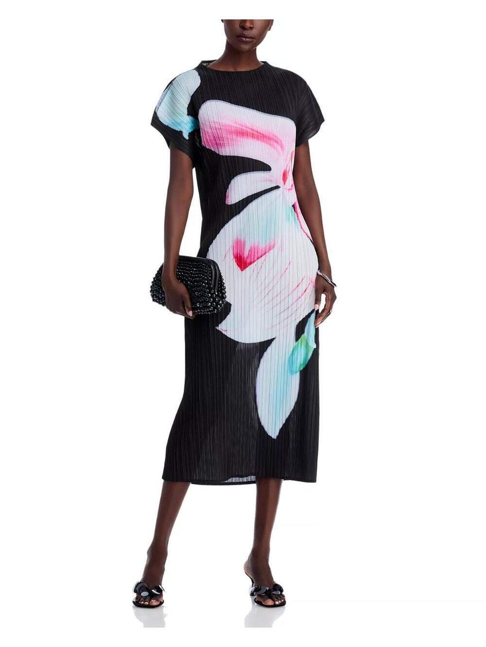 179$ Nancy Yang Flower Print Bodycon Dress Short Dolman Sleeves Size S Black
